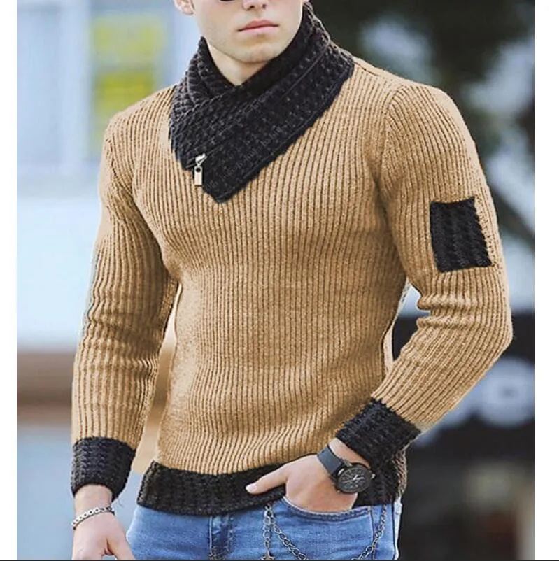 Men's Sweater Pullover Long Sleeve Fashion Urban Scarf High Neck Men's Knitwear_voghion.com