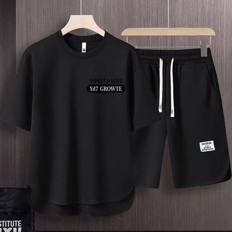 Ανδρικά ρούχα 2024 Waffle casual καλοκαιρινό κοστούμι Ανδρικό φαρδύ εφηβικό μπλουζάκι με κοντομάνικο σορτς Όμορφο κοστούμι δύο τεμαχίων_voghion.com