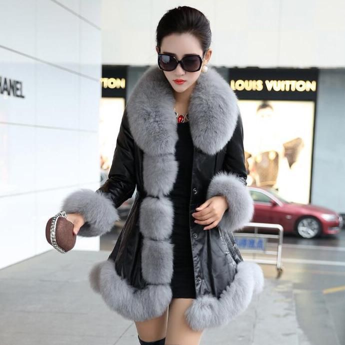 Manteau d'hiver élégant grande taille pour femme avec col en fausse fourrure de renard, veste longue coupe slim, vêtement d'extérieur de style coréen pour femmes rondes._voghion.com