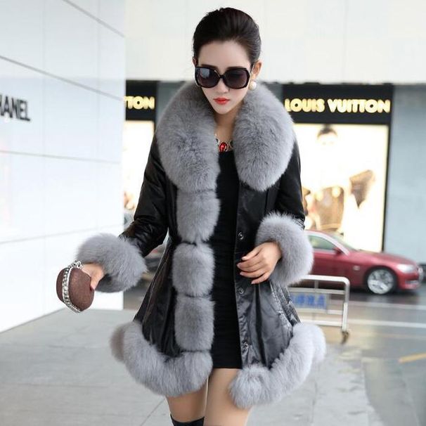 Manteau d'hiver élégant grande taille pour femme avec col en fausse fourrure de renard, veste longue coupe slim, vêtement d'extérieur de style coréen pour femmes rondes._voghion.com