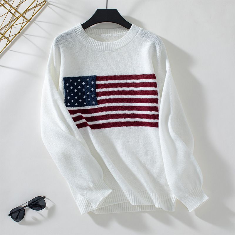Damen-Strickpullover mit amerikanischem Flaggen-Print – gemütlicher Herbst- und Winterpullover, lässige, lockere Passform, lange Ärmel, Rundhalsausschnitt, Polyestermischung​​_voghion.com