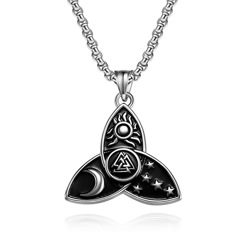 Nordic Celtic triangle knot star moon sun titanium steel necklace myth Odin triangle knot pendant_voghion.com