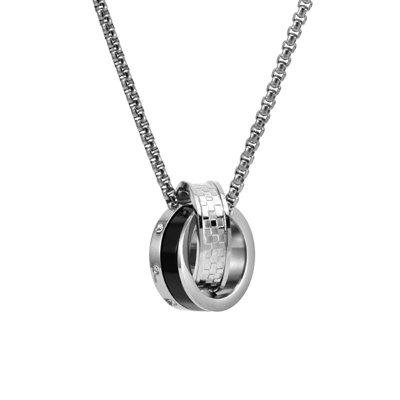 Men's Jewelry Fashion Stainless Steel Double Circle Crystal Necklace Double Ring Pendant Hip Hop Trendy Personality Long Sweater Chain_voghion.com
