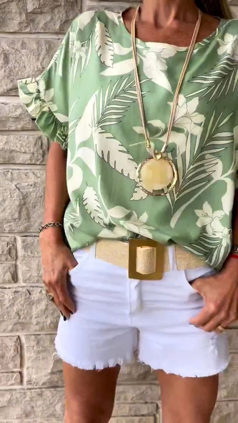 Women's clothing independent station new short-sleeved T-shirt 2024 summer new leaf print lotus leaf sleeve short-sleeved T-shirt_voghion.com
