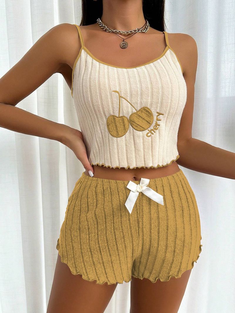 Women's Clothing Embroidered Pajamas Sanded Camisole Vest Shorts Suit Home Clothes_voghion.com