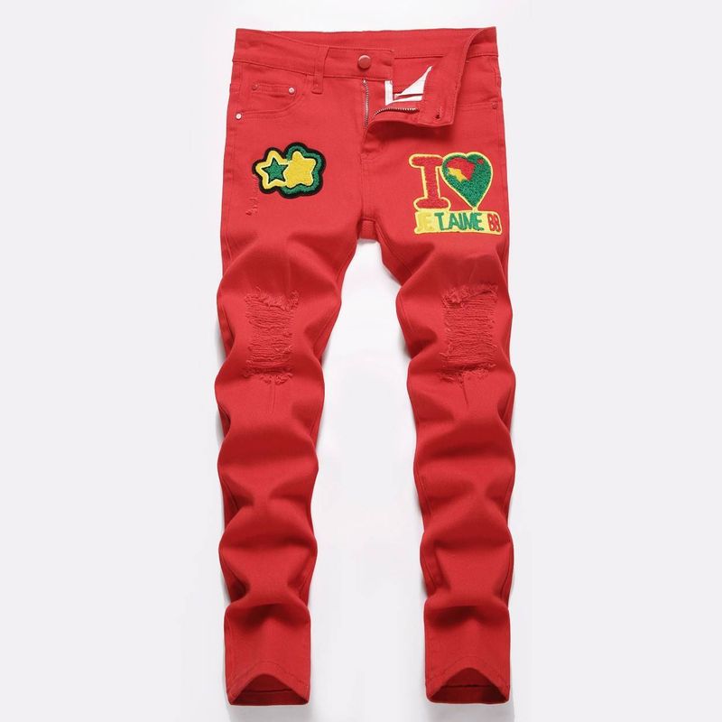 Young Boys Clothing Red Elastic Stamped Ripped Denim Trousers_voghion.com