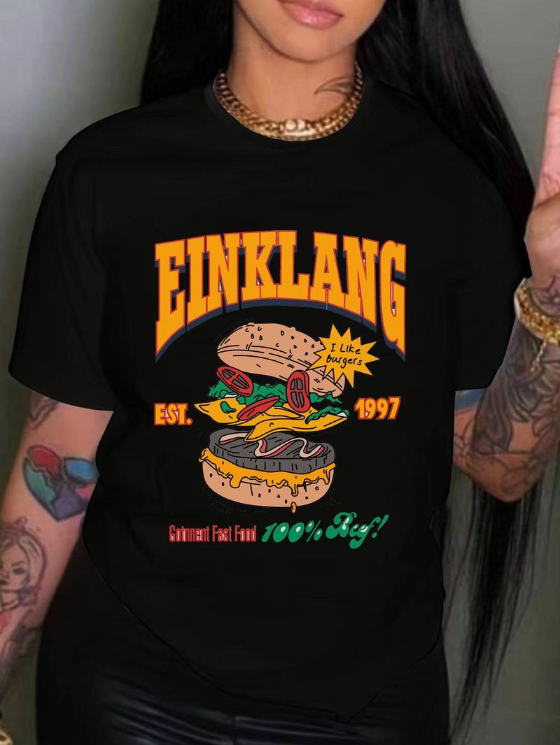 Nova camiseta feminina de gola redonda tamanho grande, estampa de hambúrguer, camiseta solta de manga curta, camiseta casual e confortável_voghion.com