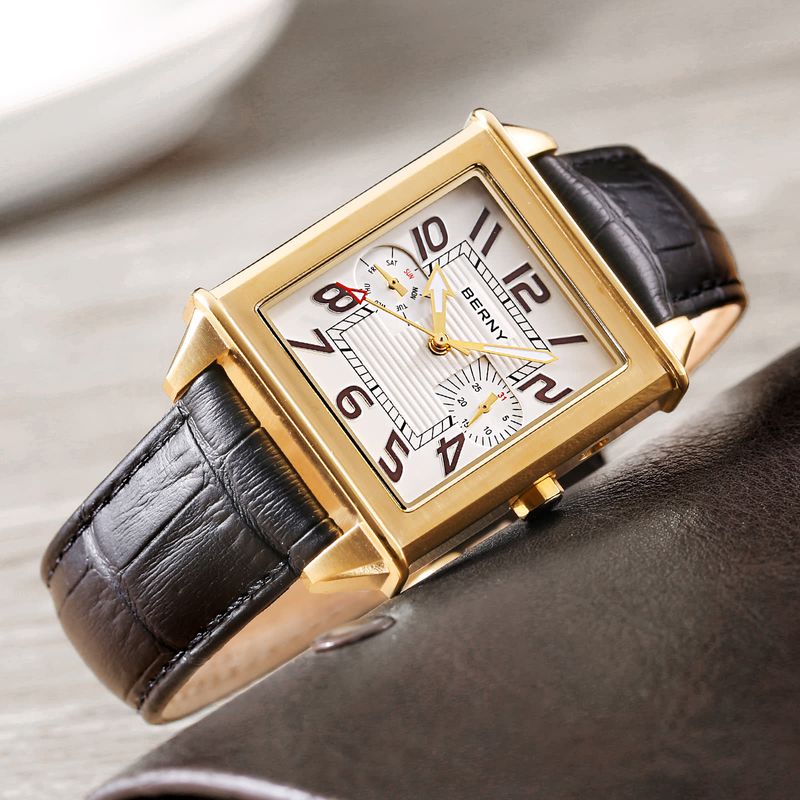 BERNY Lederuhren für Herren, rechteckiges Gehäuse, leicht ablesbare analoge Quarzuhr mit Tag- und Datumsanzeige, leuchtender Edelstahl-Armbanduhr, wasserdicht_voghion.com