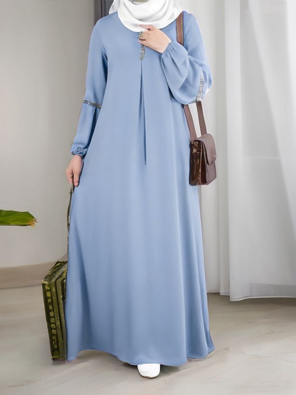 Damenbekleidung Modisches langärmliges Abaya-Kleid, lässiges Sommerkleid-Outfit mit Pailletten_voghion.com