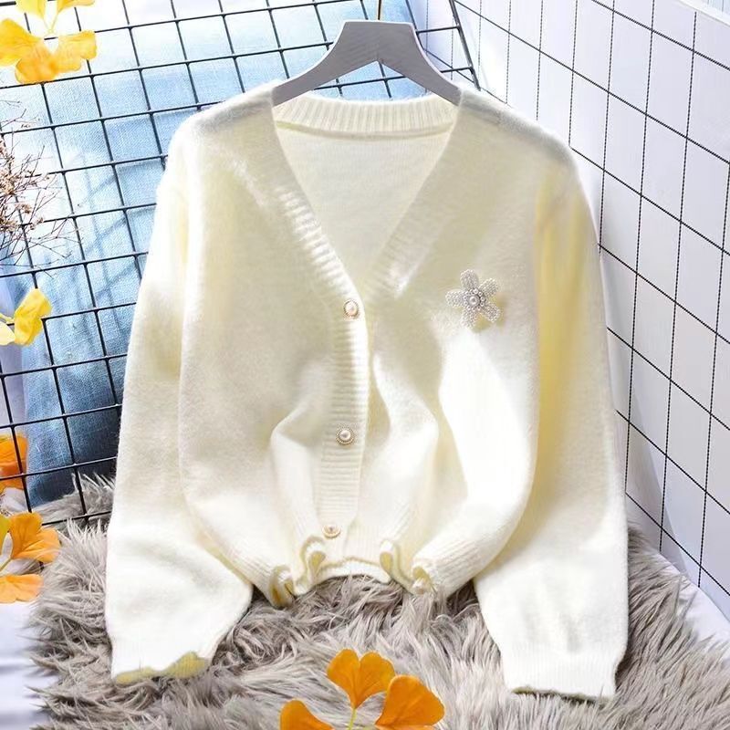Yellow gentle knitted cardigan women's loose and lazy style 2024 spring new Korean version western-style sweater jacket_voghion.com