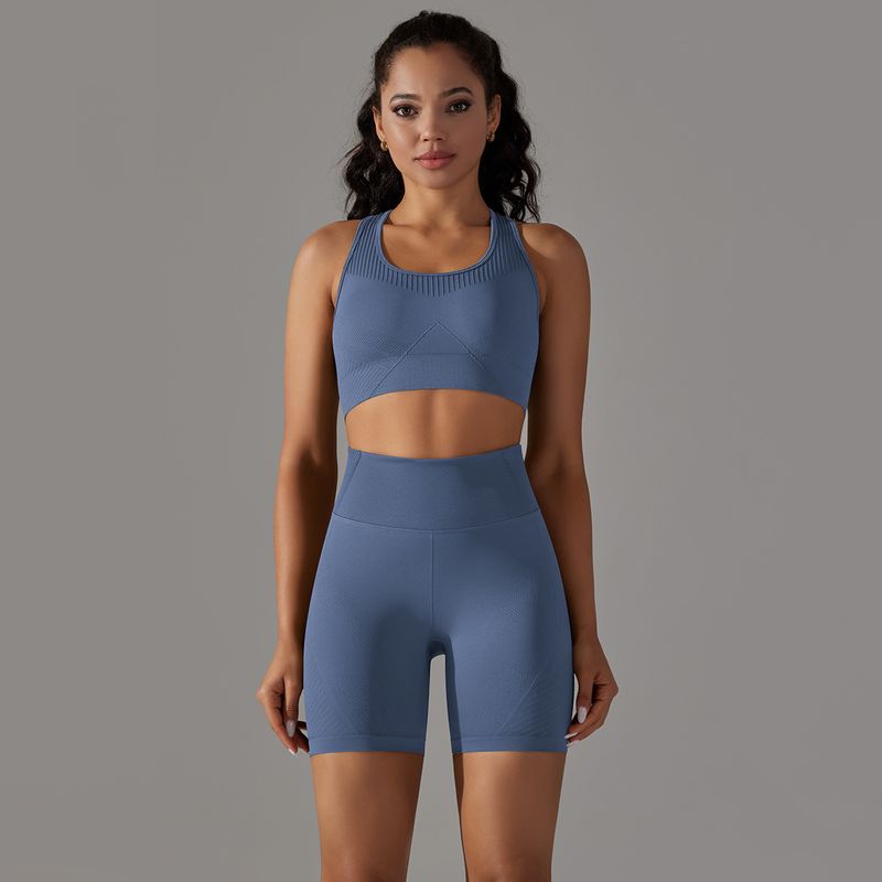 Women's Clothing seamless knitted solid color jacquard tight-fitting high-elastic breathable yoga clothing suit fitness sports four-piece set_voghion.com