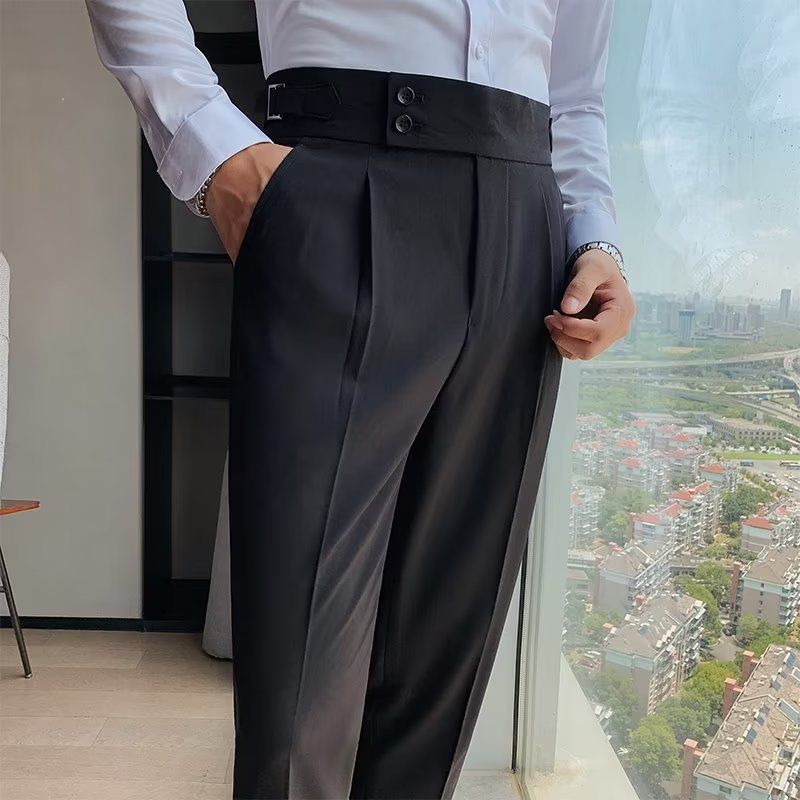 Men's Clothing Slim Fitting Pants Autumn Retro High Waist Business Solid Color Straight Casual Trousers_voghion.com