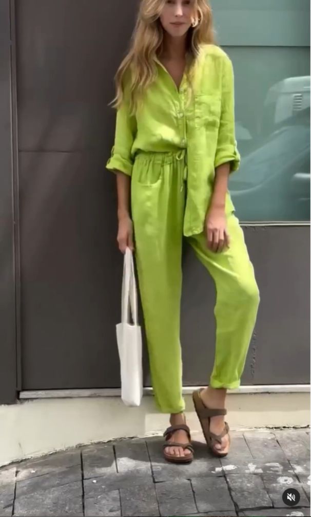 Abbigliamento da donna 2 pezzi Set camicia in cotone e lino di grandi dimensioni Set pantaloni larghi a vita alta_voghion.com