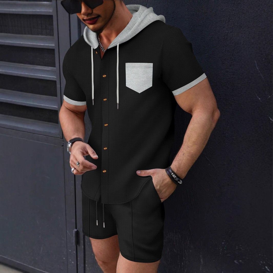 Men's Clothing New Waffle Men's Hooded Color Matching Short Sleeved Cardigan Casual Jacket Shorts Suit_voghion.com