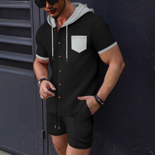 Men's Clothing New Waffle Men's Hooded Color Matching Short Sleeved Cardigan Casual Jacket Shorts Suit_voghion.com