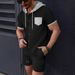 Men's Clothing New Waffle Men's Hooded Color Matching Short Sleeved Cardigan Casual Jacket Shorts Suit_voghion.com