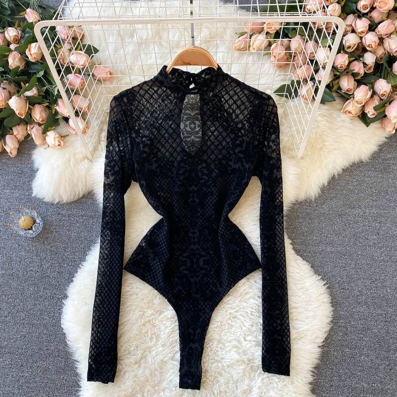 Women's Clothing ins bottoming jumpsuit female long sleeved mesh T shirt slim fit versatile embroidery design sexy top_voghion.com