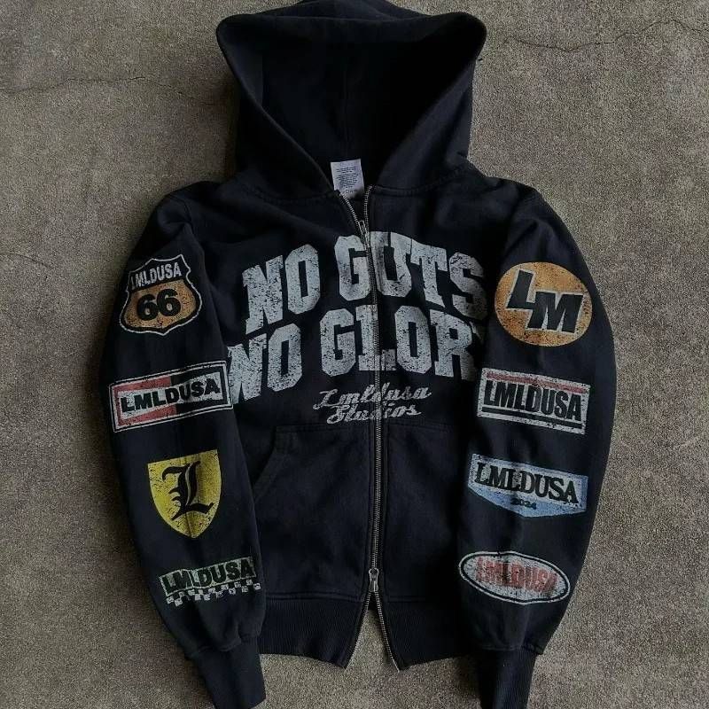 Men's Clothing Street Hip Hop Retro Print Black Zipper Hoodie Y2k Harajuku Jacket Sweatshirt_voghion.com