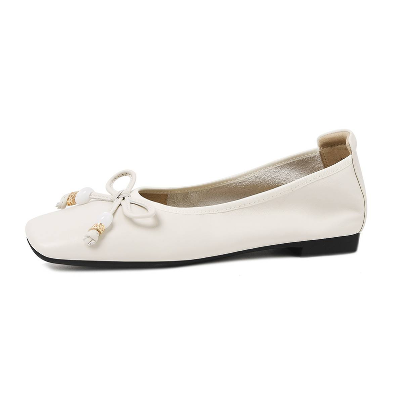 【Full Leather Inside And Out, Soft Sole And Soft Upper】Cameido 2025 Autumn Pearlized Lamb Leather Bow Flat Single Shoes_voghion.com