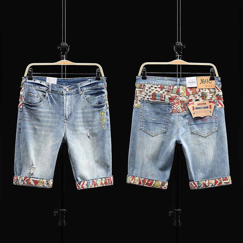 Style jeans, personalized patch, contrasting color, handsome, slim, damaged and worn-out five-point pants, short pants._voghion.com