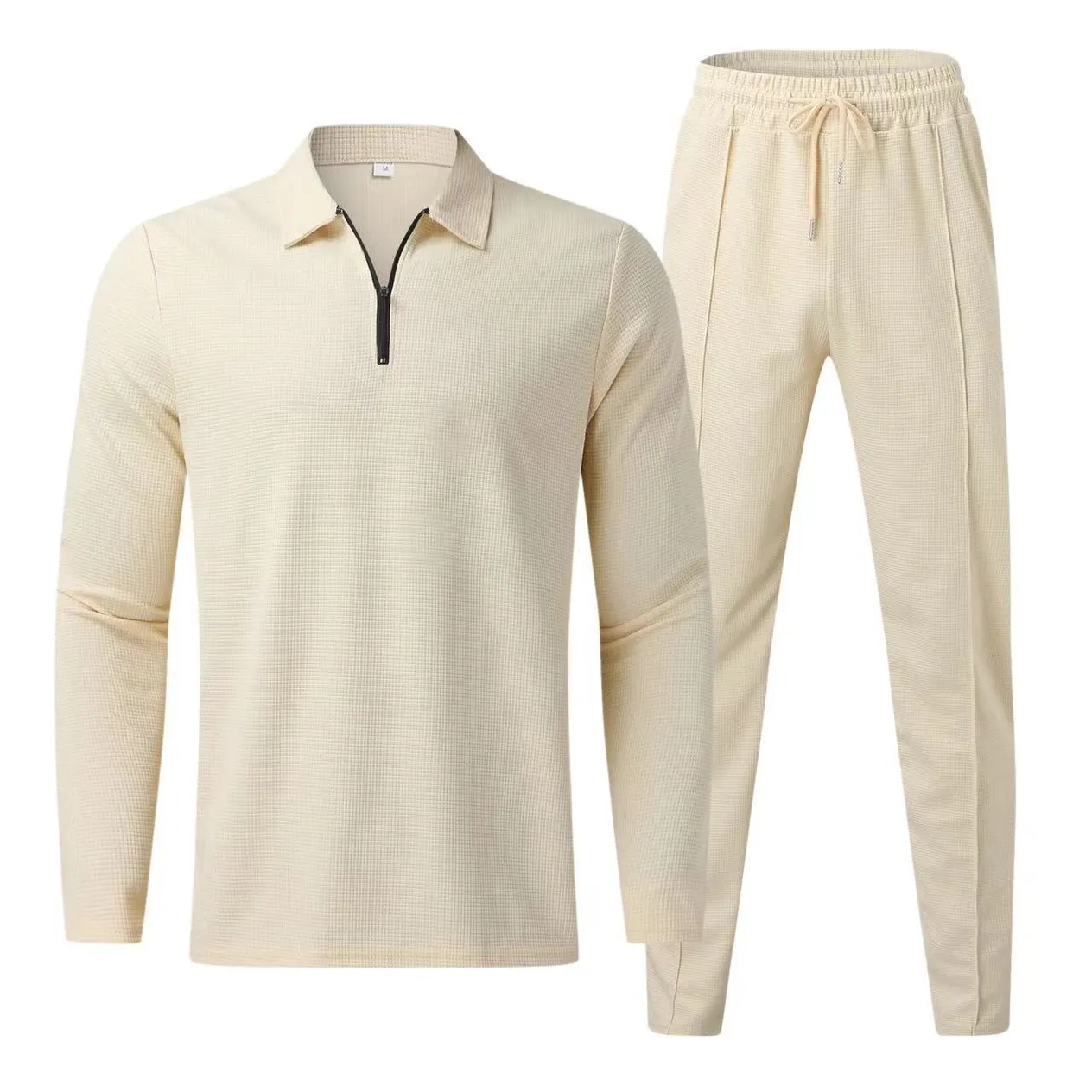 Men's Clothing Waffle Long Sleeved Trousers Two Piece Sports Casual Suit_voghion.com