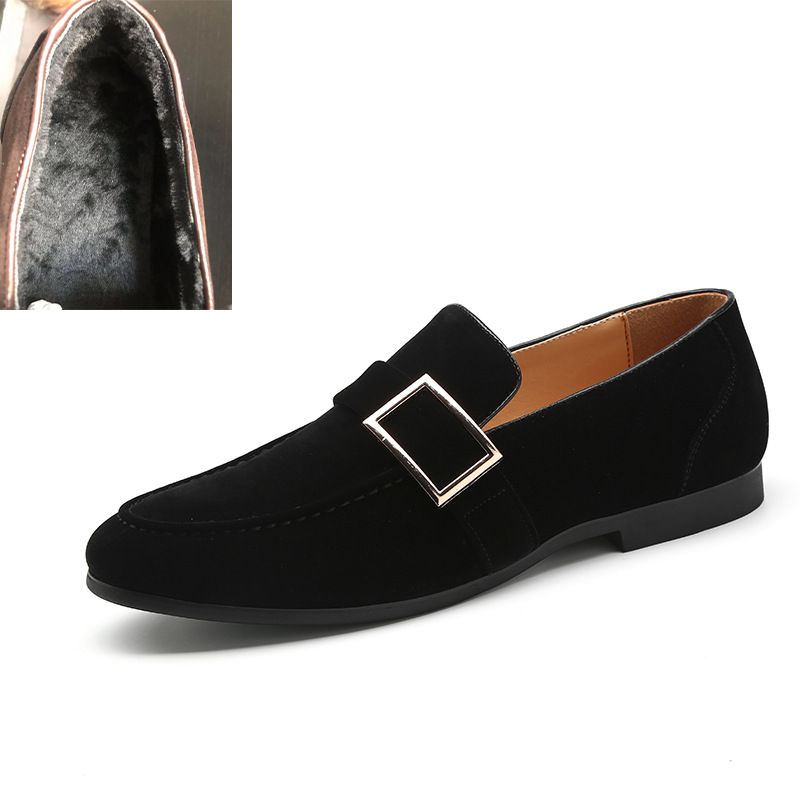 Men's fleece-lined beanie shoes Leather shoes slip-on loafers_voghion.com