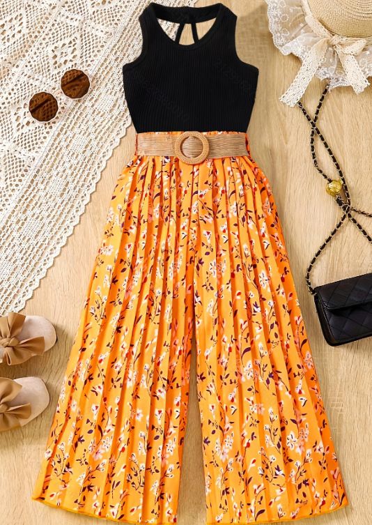 Girls' Solid Sleeveless Top & Wide-Leg Pleated Pants Set With Belt – Trendy & Comfortable (5-14Y, Assorted Colors)_voghion.com