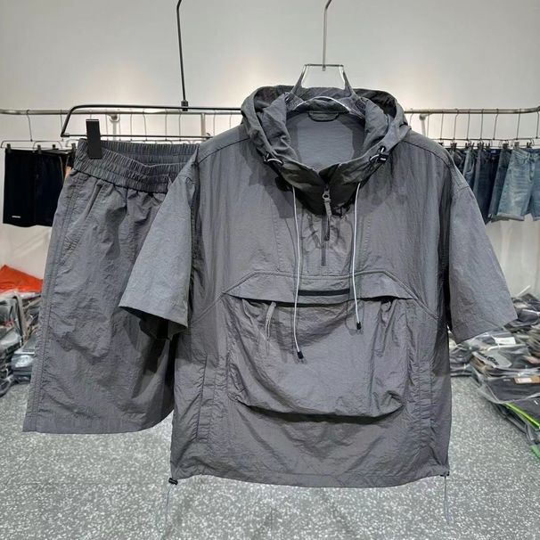 Set di pantaloncini con cappuccio e maglietta a due pezzi, casual, sportivi, larghi e ad asciugatura rapida, per uomo, nuova moda estiva_voghion.com