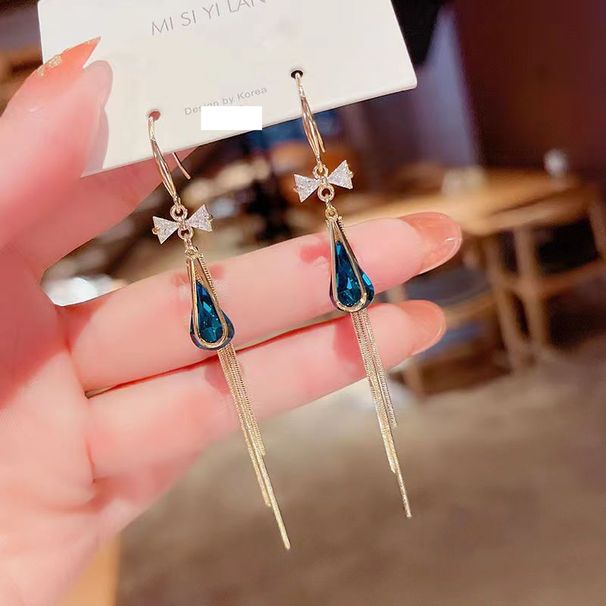 Women's Earrings Blue drop earrings Temperament personality All-in-one face Slimming earrings Crystal fringe earrings_voghion.com