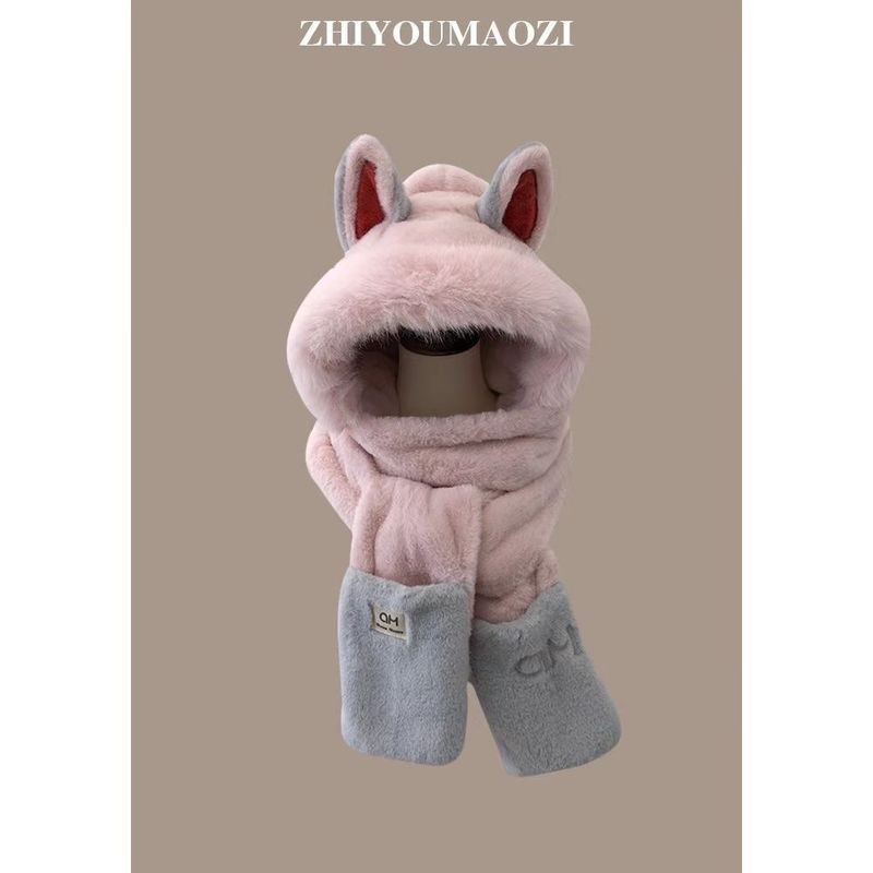 Hat, scarf and gloves integrated cute plush scarf three-in-one outdoor warm scarf set_voghion.com