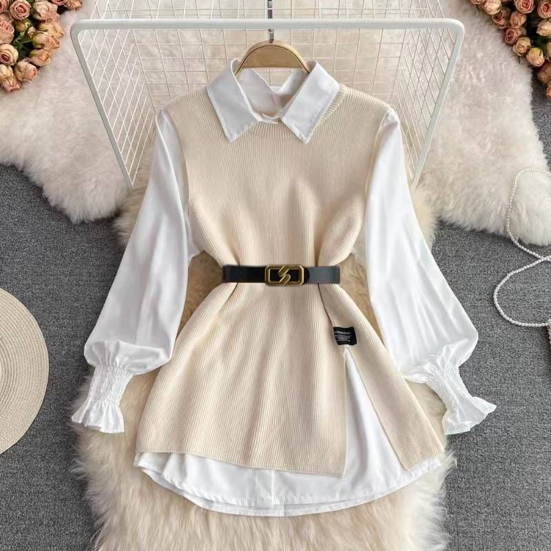 Costume à manches longues chemise blanche pull gilet gilet tricoté ample anti-âge chemise costume deux pièces pour femme_voghion.com