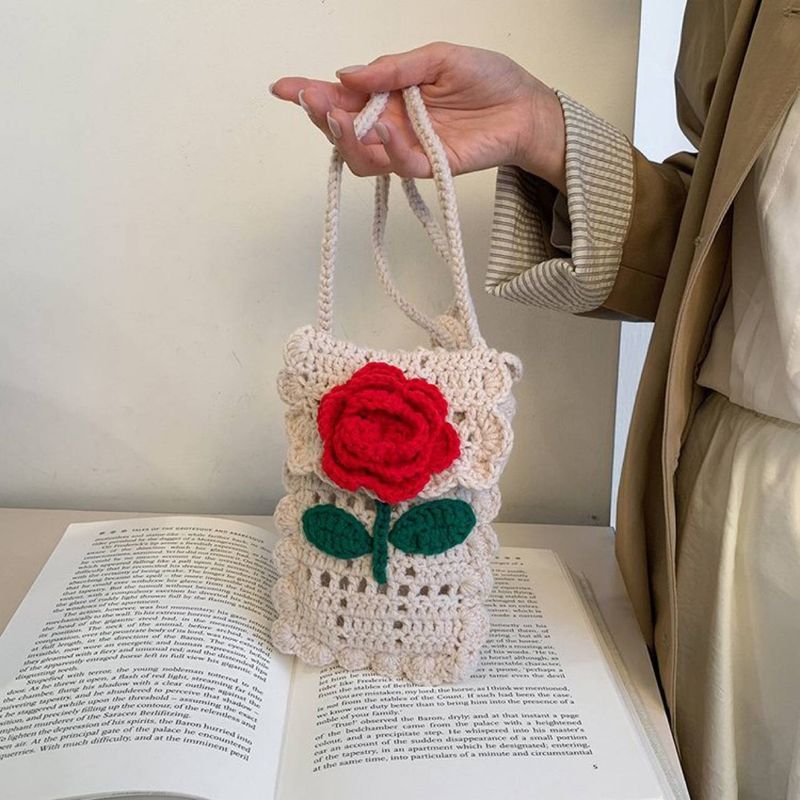 Straw Bag Woven Bag Cute Crossbody Bag Wool Knit Flower Mobile Phone Bag Shoulder Mini Coin Purse_voghion.com