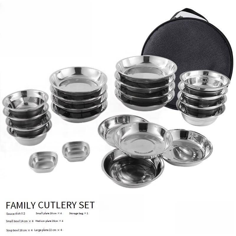 304 Stainless Steel Camping Tableware Set Outdoor BBQ Plates Bowls Cutlery Kit Lightweight Durable Perfect For Picnics Road Trips Backpacking_voghion.com