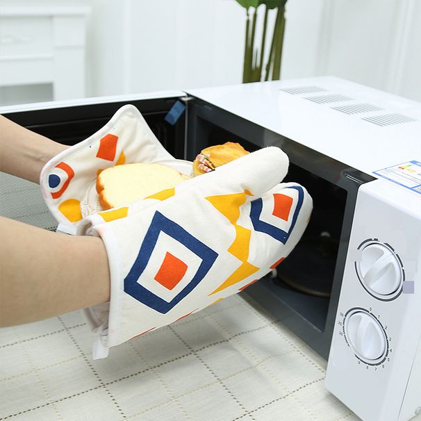 Bohemian Style Microwave Oven Gloves Set - Heat Resistant Cotton Linen Mitts With Geometric Leaf Print (26cm Length, 18cm Width, Washable)_voghion.com