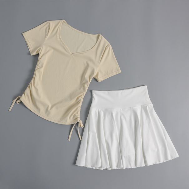 Ropa de yoga, camiseta de manga corta para mujer, top adelgazante con cordón, ropa de entrenamiento de pilates, ropa de fitness, falda plisada_voghion.com