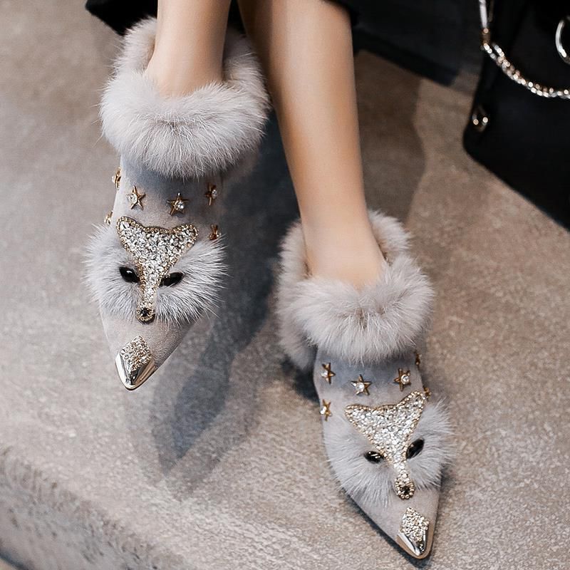 Chaussures courtes à talons épais Lumina 2025 European Station Winter New Plush Fox Head Lazy Fur pour femmes_voghion.com