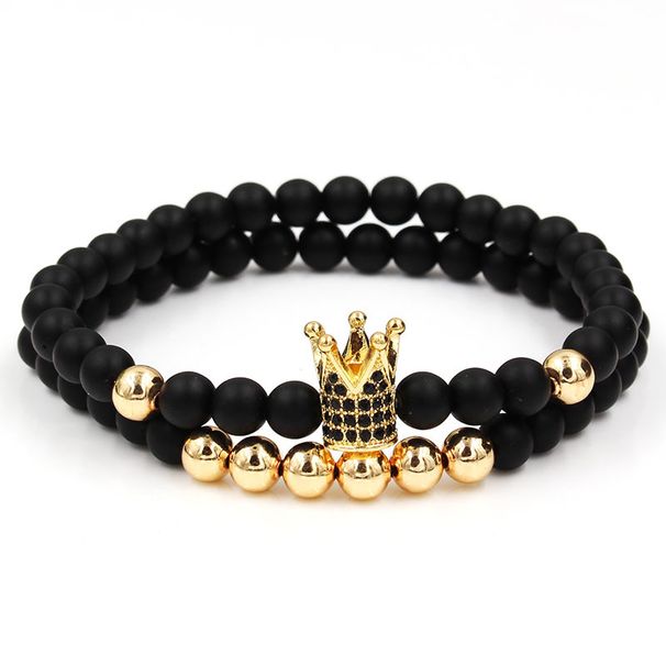 Jewelry Black Matte Stone Rock Mixed With Zircon Small Crown Long Strip Set Handstring Bracelet Set_voghion.com