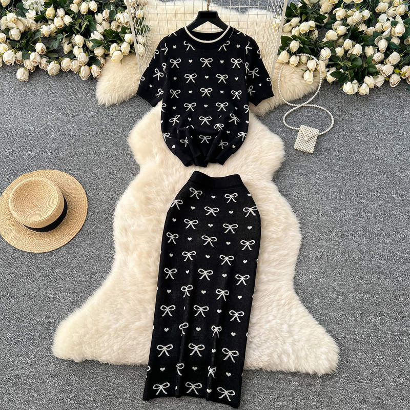 Women's Clothing Knitted Suit For Women Summer High End Round Neck Short Sleeved Bowknot Printed Top High Waist Hip Skirt_voghion.com