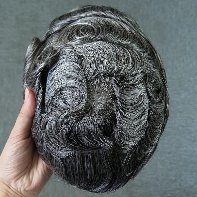 Swiss Lace Toupee For Men 100% Human Hair Piece 90% Density Hair Replacement System Natural Hairline Real Men Wigs Off Black With 50% Grey Color #1B50_voghion.com