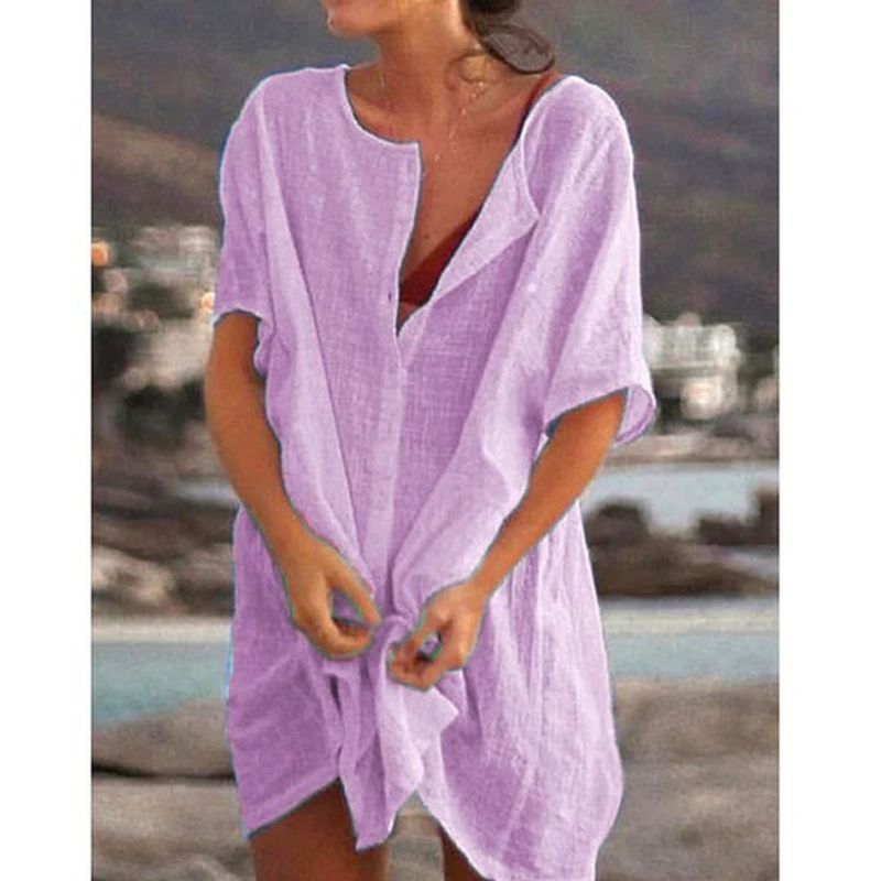 Women's Clothing Medium Long Loose Solid Color Short-sleeved Shirt Woman_voghion.com