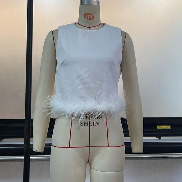 Damen-Oberteil mit einfarbigem Saum und Patchwork-Federn und Rundhalsausschnitt_voghion.com