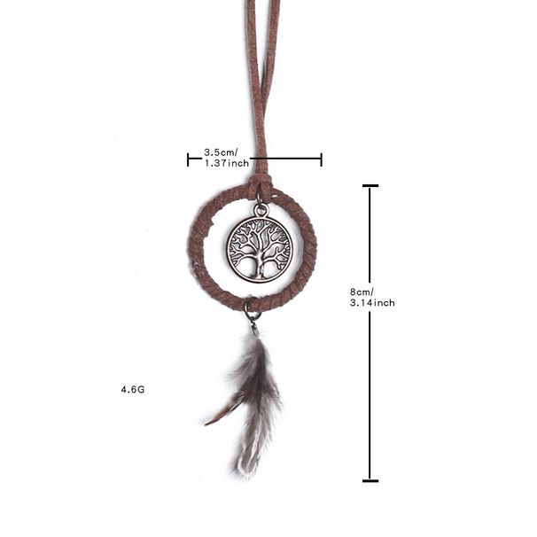 Carillon a vento con acchiappasogni e piuma marrone per auto, albero della vita_voghion.com