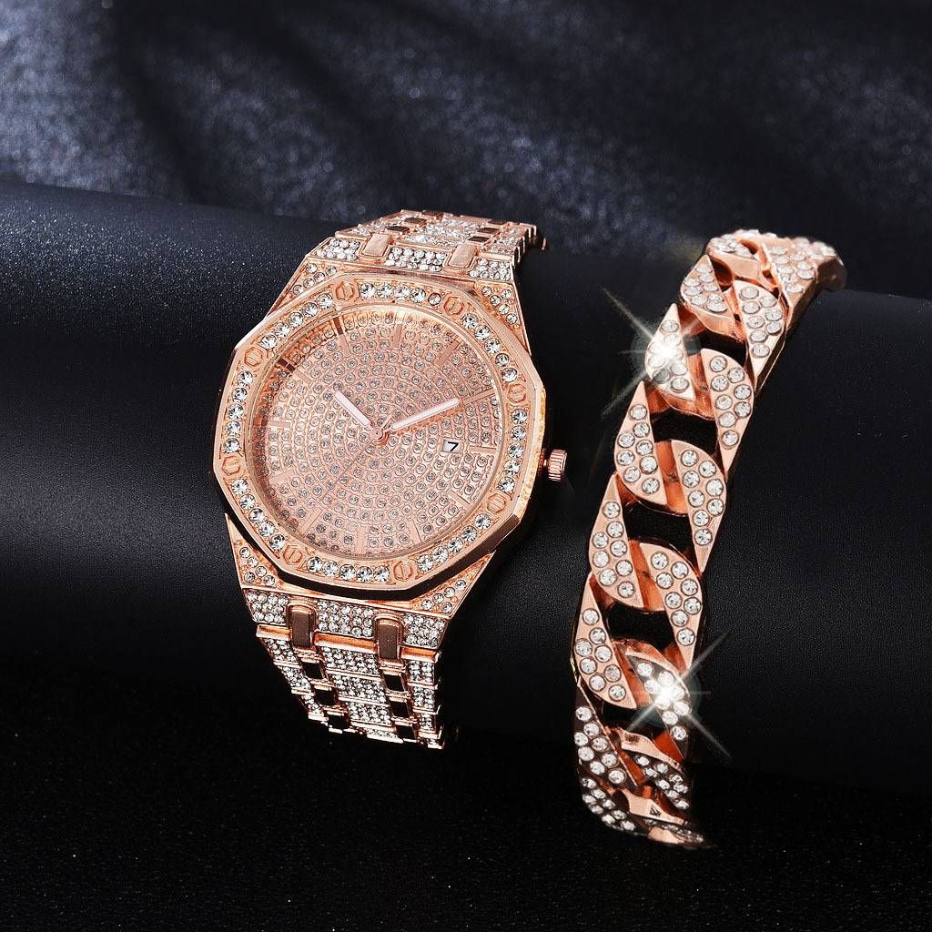 Business fashion trend Diamond Octagonal dial quartz watch + diamond bracelet (2pcs/set)_voghion.com