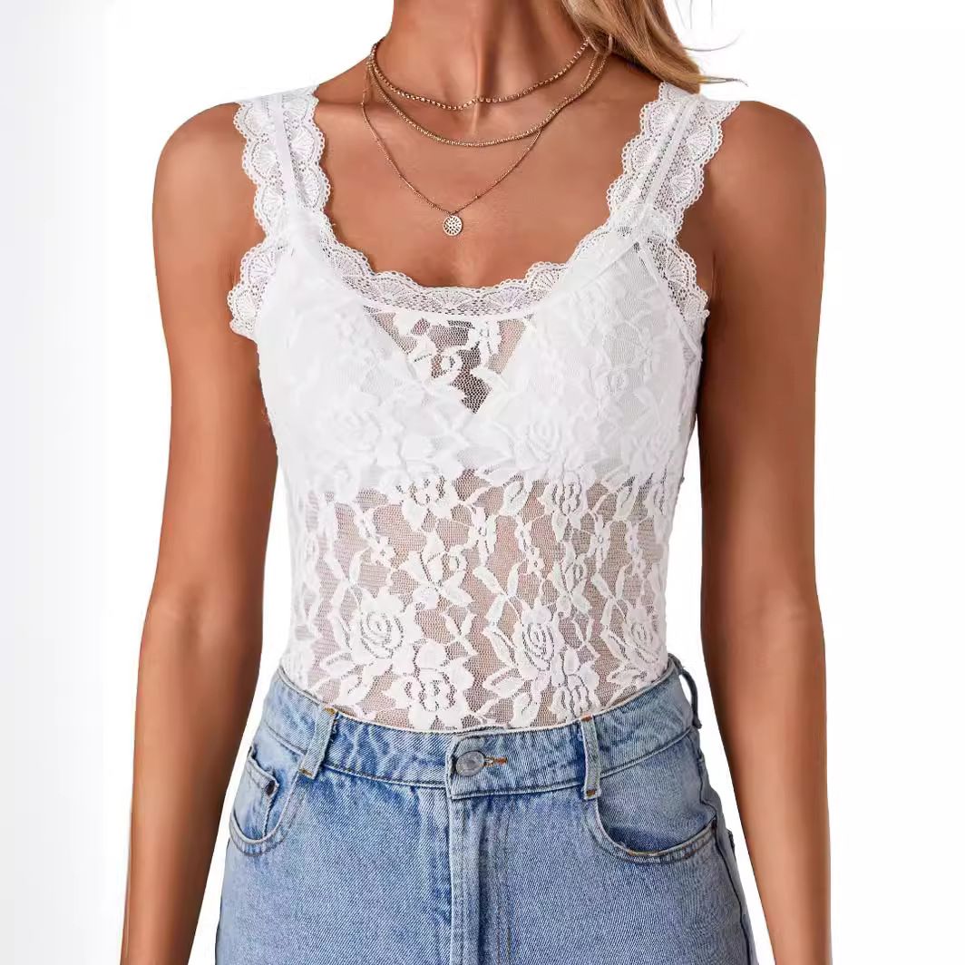 Canotta trasparente senza maniche con spalline sottili e pizzo floreale smerlato da donna_voghion.com
