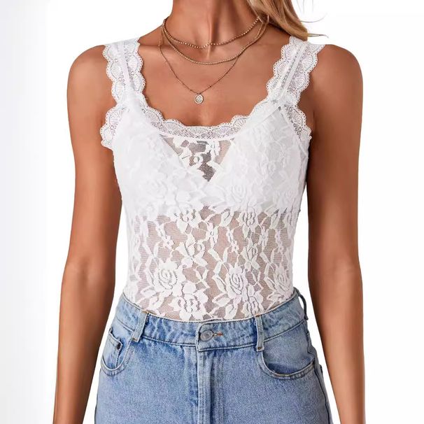 Canotta trasparente senza maniche con spalline sottili e pizzo floreale smerlato da donna_voghion.com