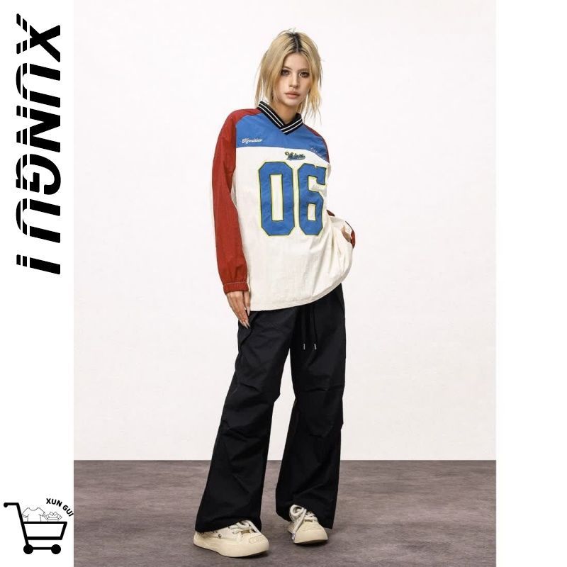 Xungui/New China-Chic Color Contrast American V-neck Raglan Long Sleeve Top Korean Brand Fashion Casual Men's And_voghion.com