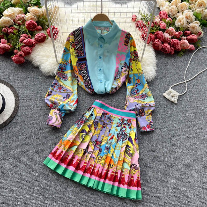 Boêmio exótico impressão gola bolha manga camisa feminina cintura alta saia fina conjunto women789_voghion.com