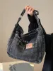 Vintage Denim Shoulder Bag With Adjustable Strap Multiple Pockets Distressed Jeans-Style Stitching And Metal Buckles For_voghion.com