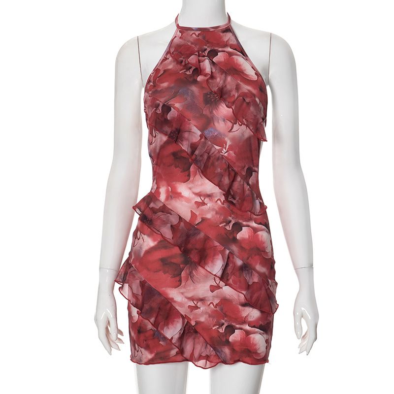 INS European And American Style Spring And Summer New Women's Fashion Halter Neck Sexy Slim Fit Ruffle Dress_voghion.com