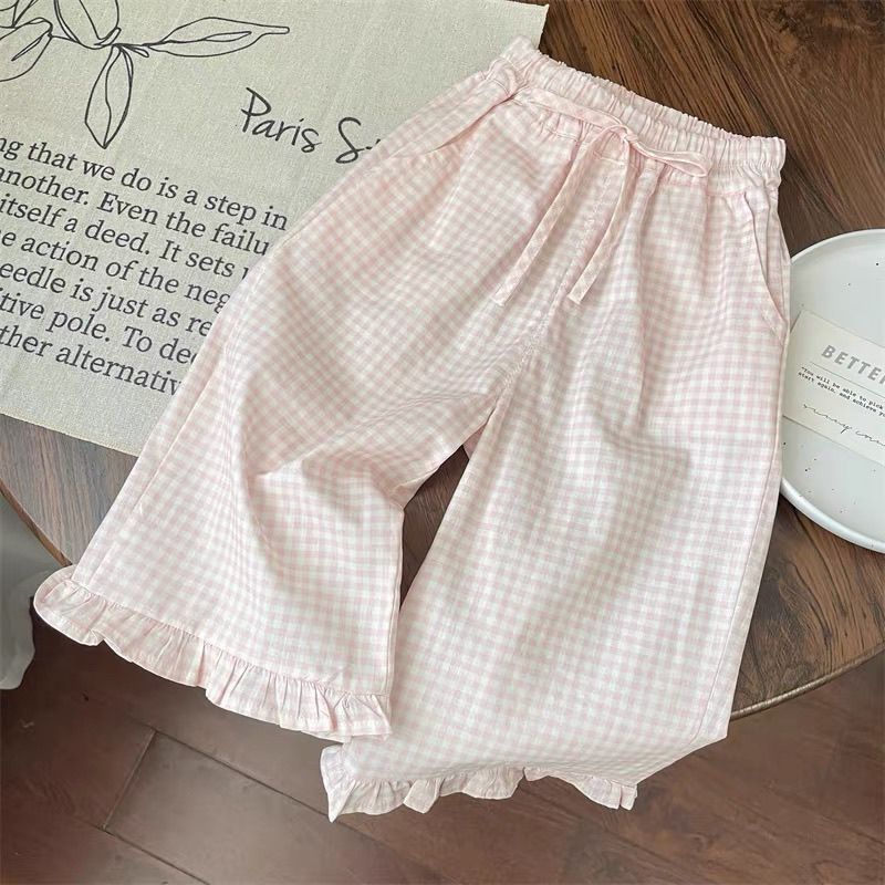 Sommer Neue Süße Prinzessin Stil Anzug Bogen Kurzarm Rosa Plaid Ausgestellte Breite Bein Hosen Rüschen Zwei Stück Anzug_voghion.com